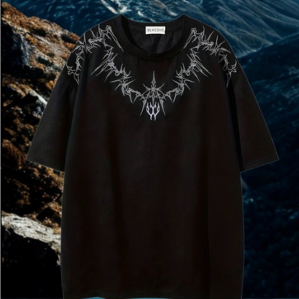 Black Tee with Silver Graphic Short Sleeves